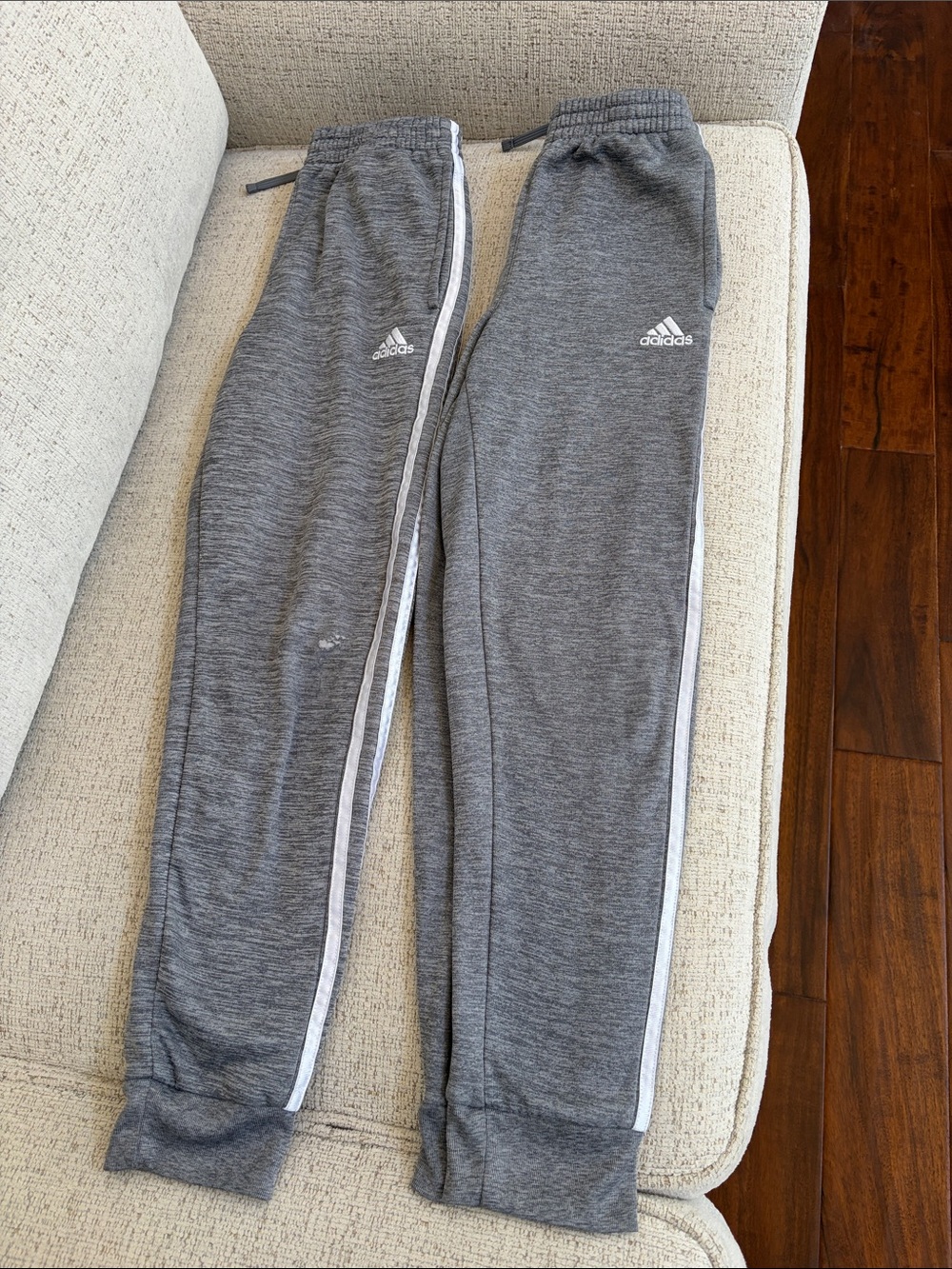 2 pairs adidas size M (10/12) Gray Kids Jogger Pants with White Side Stripe